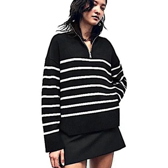 NWT Zara Black Striped Sweater Quarter Zip Blogger Favorite Small - Picture 3 of 13